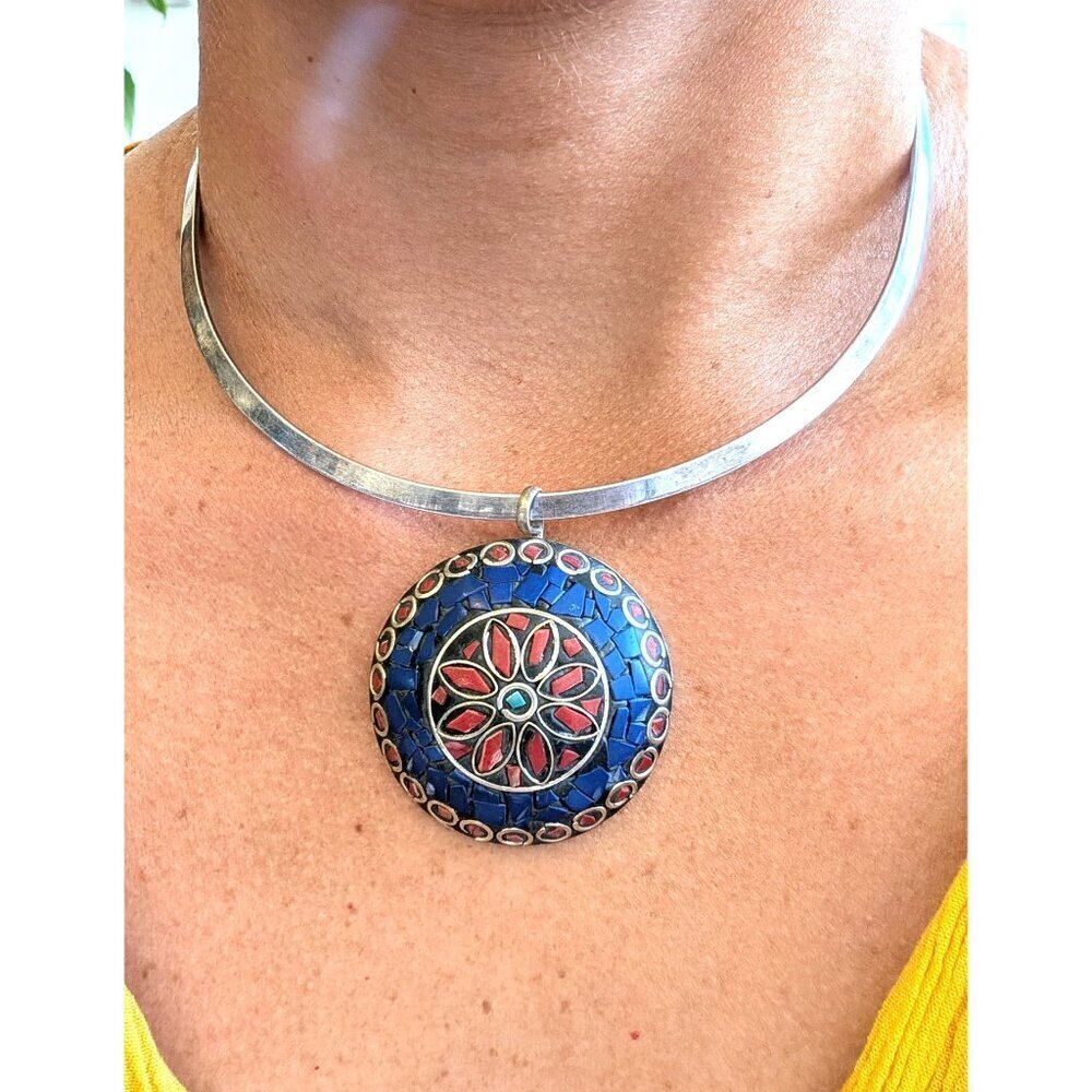 Vtg Mosaic Multicolor Pendant & Torque necklace Handmade Ethnic Bohemian tribal